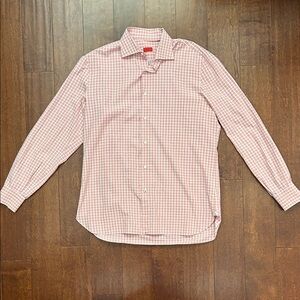 Isaia Pink Plaid Pattern Dress Shirt, Italian Luxury, Size 17/43 (XL)